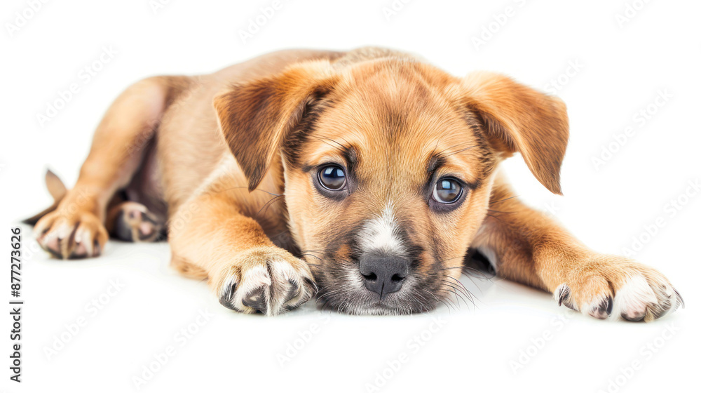 Obraz premium Sleeping brown puppy with paws forward on white