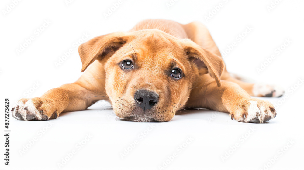 Obraz premium Puppy lying down with head resting on white surface