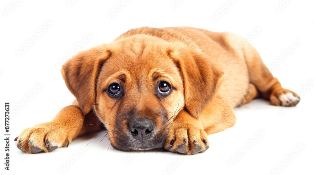 Resting brown puppy with paws forward, eyes shut Resting brown puppy with paws forward, eyes shut