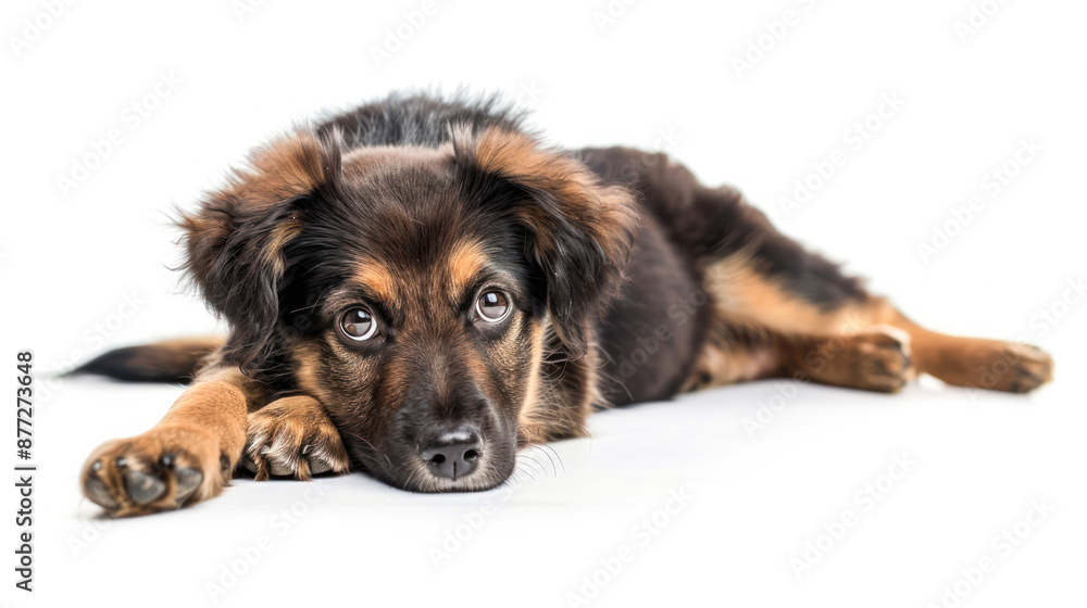 Black and brown puppy laying down on white ground Black and brown puppy laying down on white ground