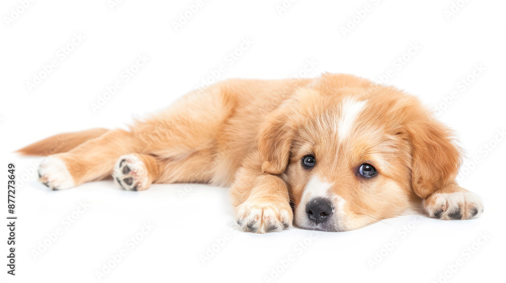 Light brown puppy napping peacefully on white ground Light brown puppy napping peacefully on white ground