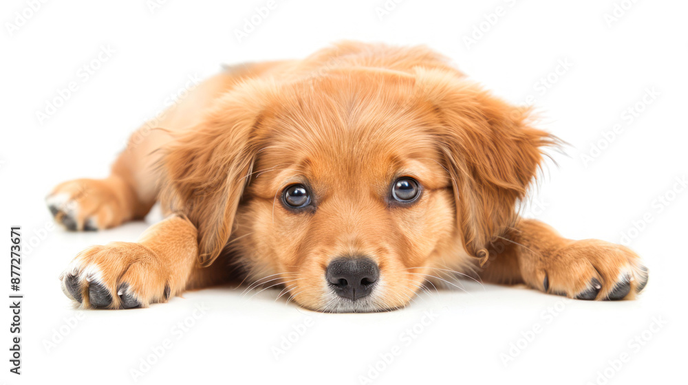 Small brown puppy lying flat look serene very pleased Small brown puppy lying flat look serene very pleased
