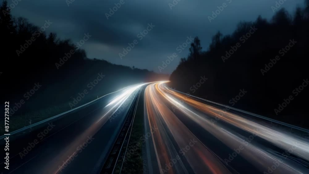 A nighttime highway scene with bright headlights and dark surroundings A nighttime highway scene with bright headlights and dark surroundings