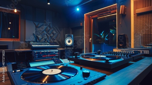 Modern music studio with vinyl players and audio equipment under blue light. The room features a mix of classic and contemporary recording gear.