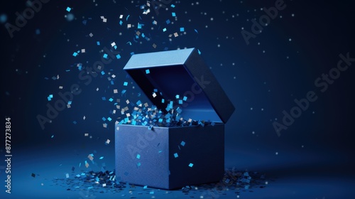 Blue open gift box with bow isolated on blue background