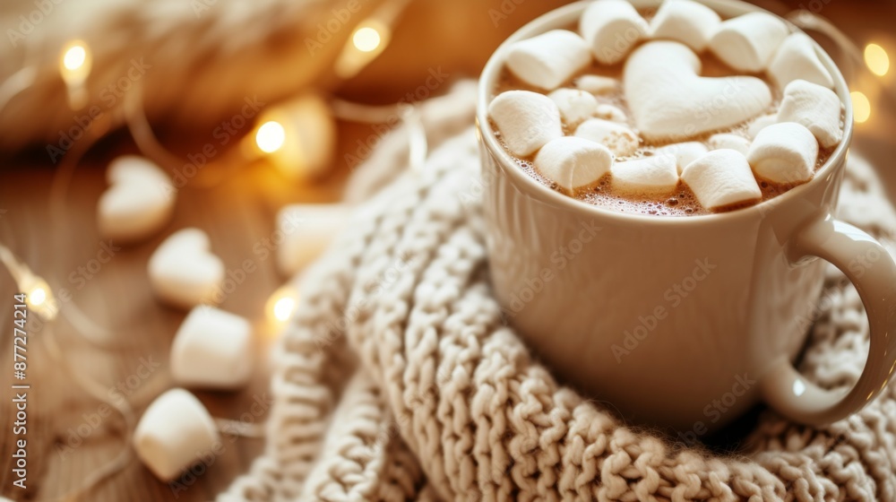 A cozy cup of hot cocoa topped with heart-shaped marshmallows, set against a warm, inviting background A cozy cup of hot cocoa topped with heart-shaped marshmallows, set against a warm, inviting background