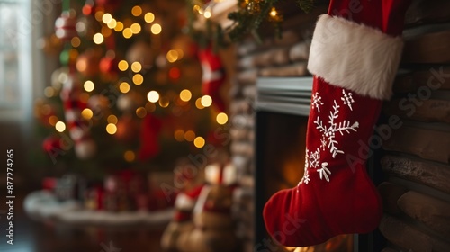 A beautifully decorated Christmas stocking hangs by a cozy fireplace, filled with holiday treats and gifts photo