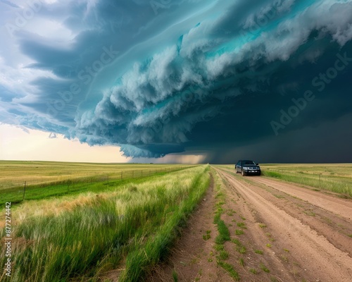 Powerful Storm Approaching Rural Area, Bringing Threat of High Winds, Heavy Rain, and Potential Damage A Single Vehicle Drives Down a Dusty Road Towards the Approaching Storm Cloud, Underlining the