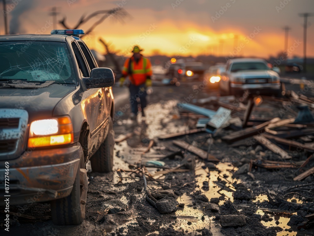 Emergency Crews Respond to Devastating Tornado Damage in Location, Debris, Destruction, and Aftermath of Powerful Storm Emergency Crews Respond to Devastating Tornado Damage in Location, Debris, Destruction, and Aftermath of Powerful Storm