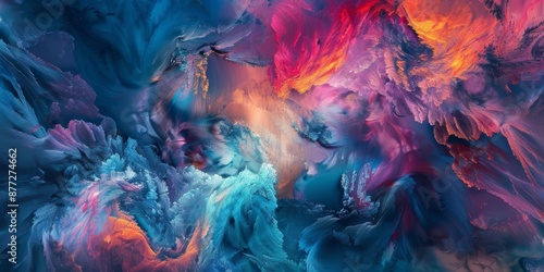Abstract Colorful Background Featuring Fantasy Elements in Purple, Blue, and Orange Hues. Ideal for Dreamlike Wallpaper and Surreal Imagery, Perfect for High-Definition AI-Generated Art. © Da