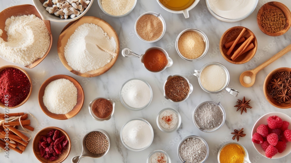 Measuring cups filled with various ingredients like flour, sugar, and spices on a kitchen counter Measuring cups filled with various ingredients like flour, sugar, and spices on a kitchen counter