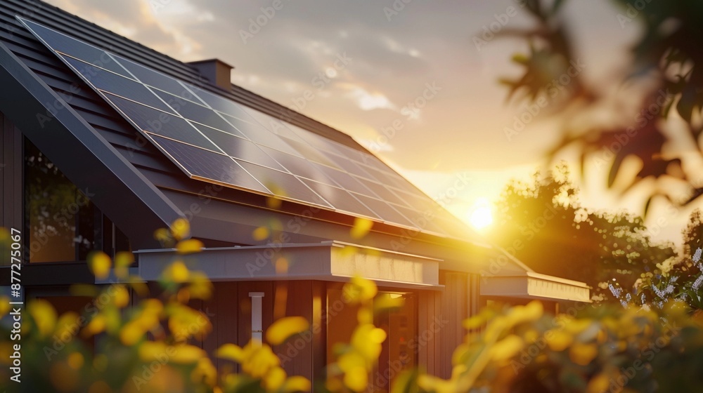 Close-Up of Modern Suburban House with Photovoltaic System on Gable Roof. Eco-Friendly Passive House with Sleek Solar Panels. with sunlight in the morning vibes Close-Up of Modern Suburban House with Photovoltaic System on Gable Roof. Eco-Friendly Passive House with Sleek Solar Panels. with sunlight in the morning vibes