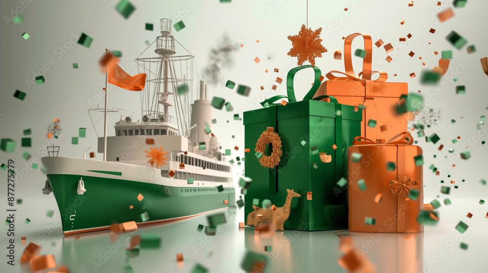 Naklejka premium A Green Ship Surrounded by Christmas Presents and Confetti