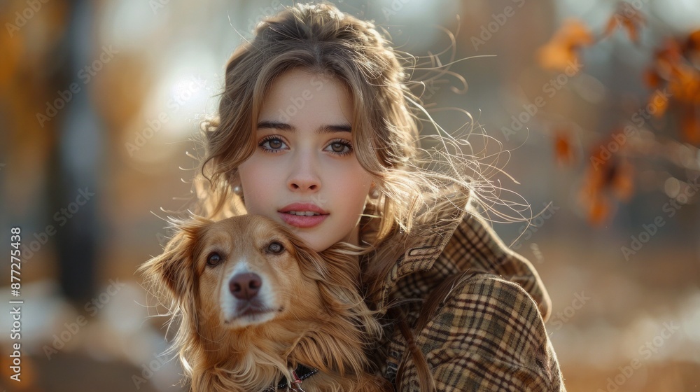 Autumn, sunny weather, beautiful girl with light brown hair, brown eyes, dressed in an expensive coat and checkered suit, holding dog in hands. Autumn, sunny weather, beautiful girl with light brown hair, brown eyes, dressed in an expensive coat and checkered suit, holding dog in hands.