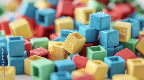 A bunch of colorful scattered construction blocks.