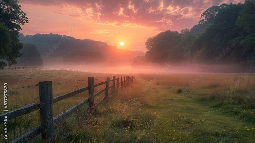 Naklejka premium Serene Sunrise: Tranquil Meadow with Morning Mist and Glowing Clouds - 16:9 Ratio