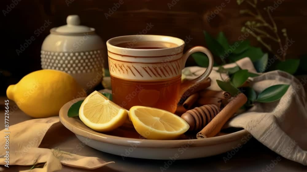 Warm beverage served in a cup with sliced lemons and cinnamon sticks Warm beverage served in a cup with sliced lemons and cinnamon sticks