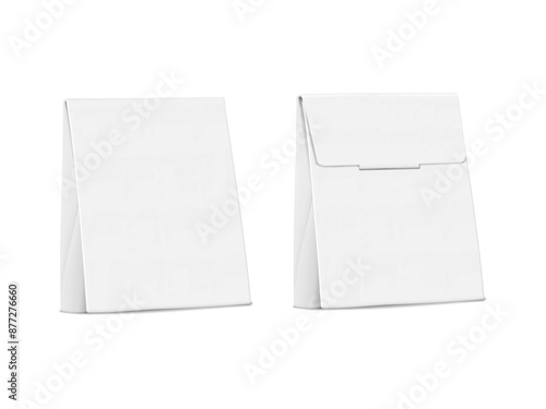 White blank square paper pinch top box. Front and back. Realistic 3d vector mock-up. Flat bottom side gusseted cardboard gift box packaging. Mockup. Template for design