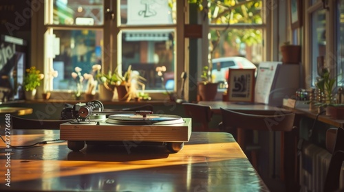 Vintage turntable on wooden table in cozy cafe, with warm sunlight streaming in through large windows, creating a relaxed and nostalgic atmosphere.