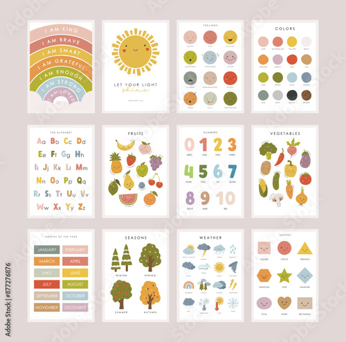 Set of Educational Posters, Kids Wall Decor, Kindergarten Decor, Classroom Posters, Feelings, Letters, Numbers, Colors, Seasons, Preschool Wall Prints, Kids Bible verse, Vector kids design