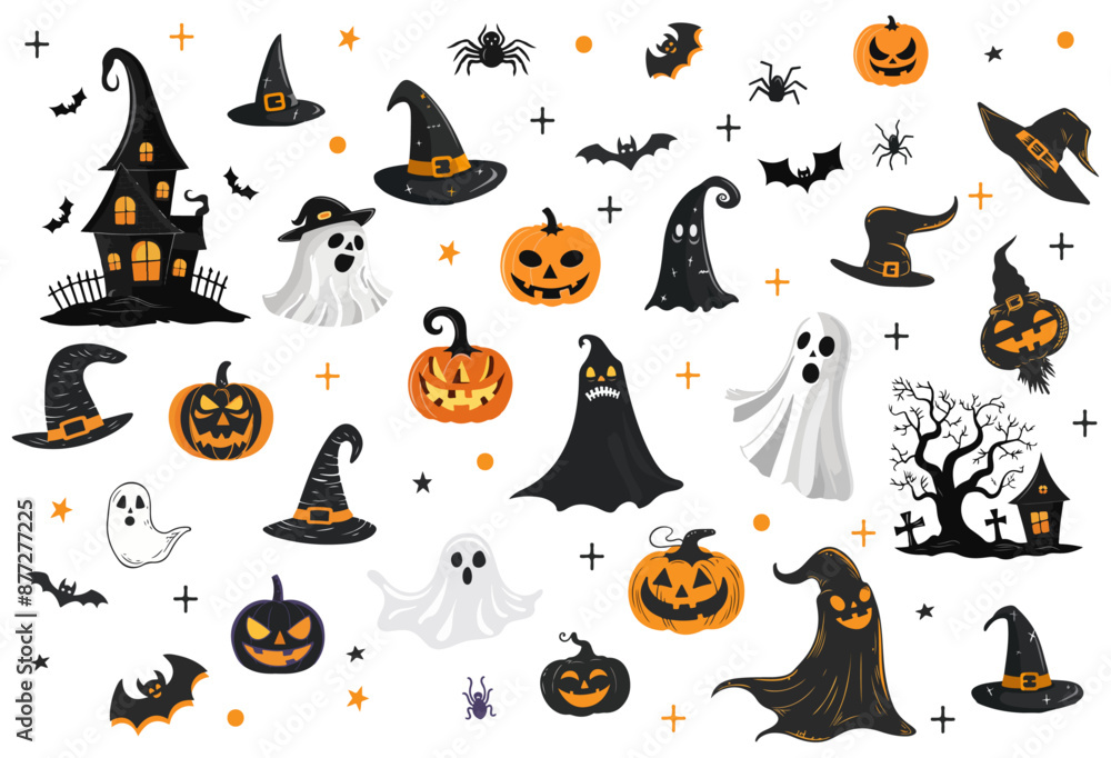 simple elements vector of halloween featured jack-o-lantern, haunted house, witch hat and ghost. isolated on white background. simple elements vector of halloween featured jack-o-lantern, haunted house, witch hat and ghost. isolated on white background.