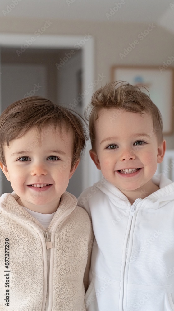 Two Happy Young Boys Smiling Indoors in Cozy Hoodies on a Bright Day Two Happy Young Boys Smiling Indoors in Cozy Hoodies on a Bright Day