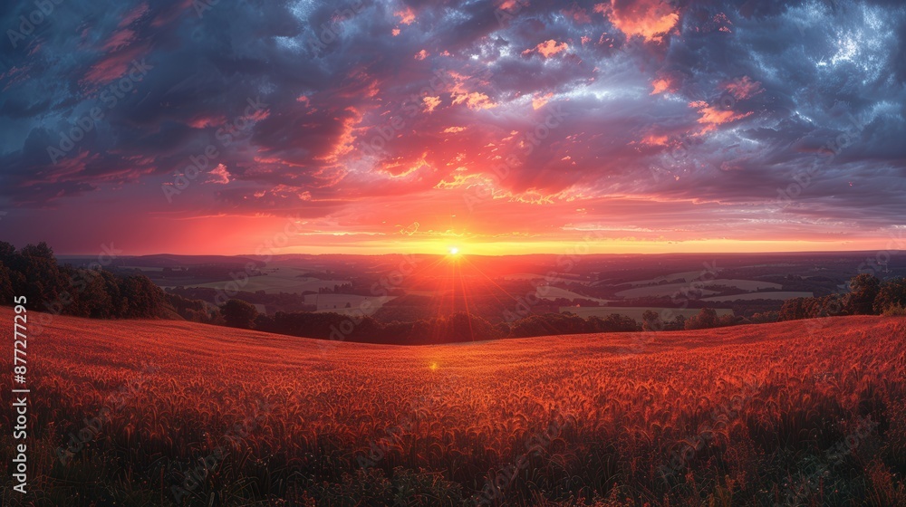 Fototapeta premium Majestic Sunset Scenery in Serene Countryside with Vibrant Sky - Tranquil Rural Landscape at Dusk