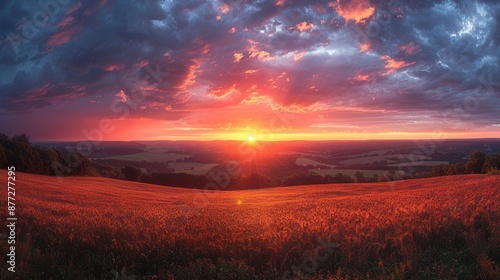 Majestic Sunset Scenery in Serene Countryside with Vibrant Sky - Tranquil Rural Landscape at Dusk © frank29052515