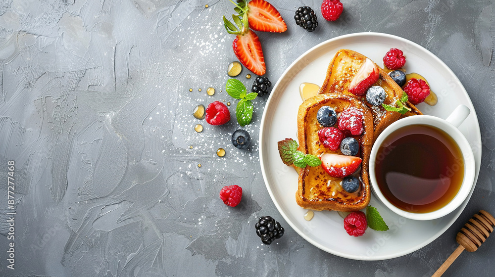 National French Toast Day concept. Delicious of French toast with fresh strawberries, blueberry, and berries on white background. French toast with fresh fruits. Copy space area for text National French Toast Day concept. Delicious of French toast with fresh strawberries, blueberry, and berries on white background. French toast with fresh fruits. Copy space area for text
