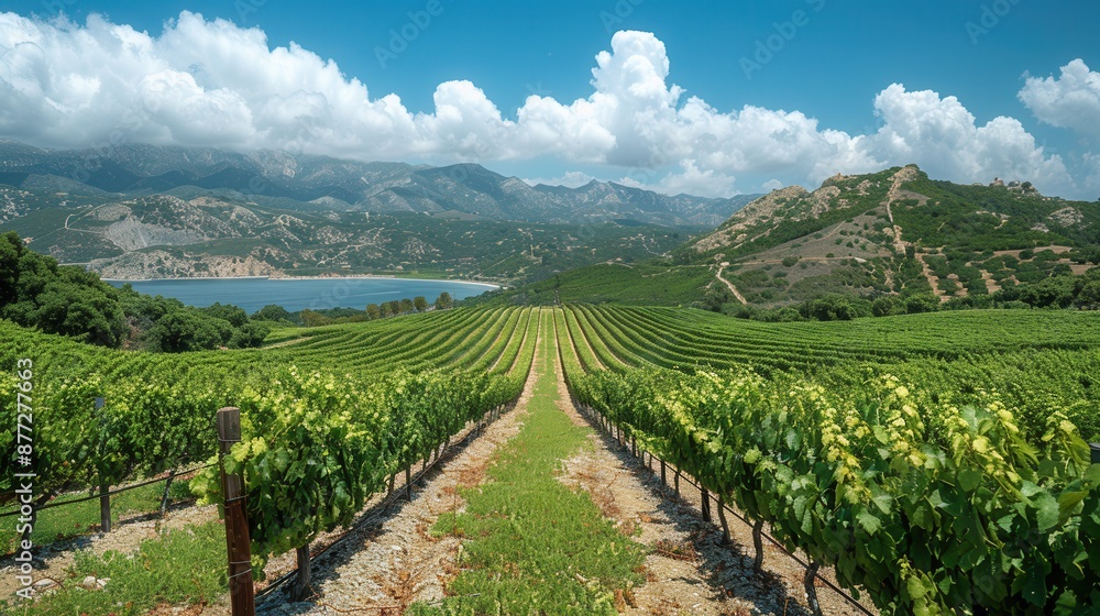 Naklejka premium Serene Vineyard Landscape with Endless Grapevines Reaching under a Beautiful Sky