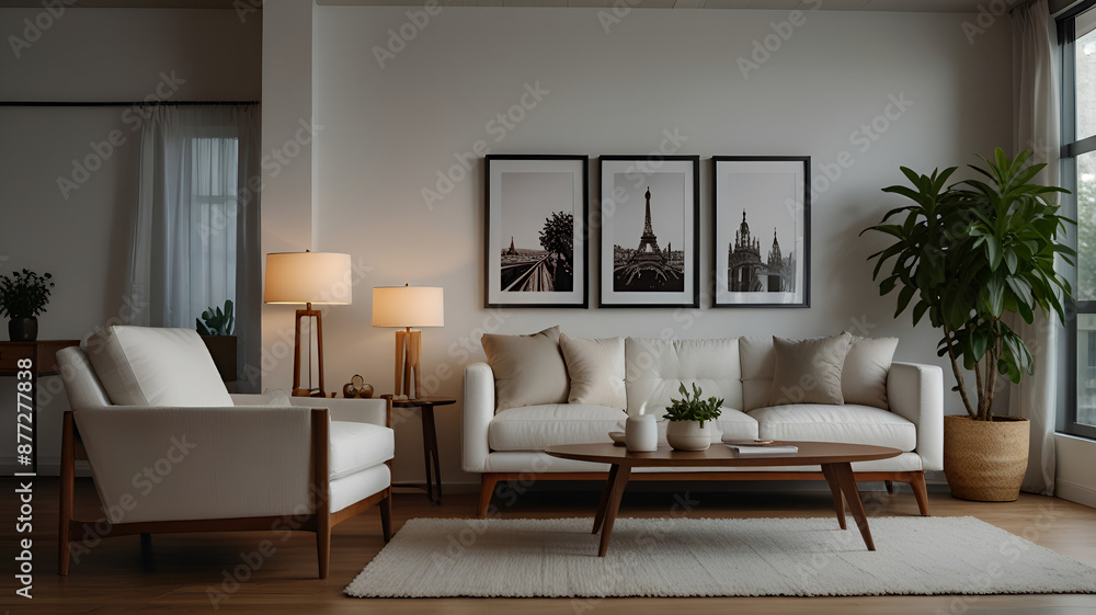 light white sofa and recliner chair in Scandinavian apartment. The interior design of modern living room. Created with generative light white sofa and recliner chair in Scandinavian apartment. The interior design of modern living room. Created with generative