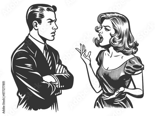 vintage couple in a heated argument quarrel, showcasing classic retro style and emotional tension sketch engraving generative ai vector illustration. Scratch board imitation. Black and white image.