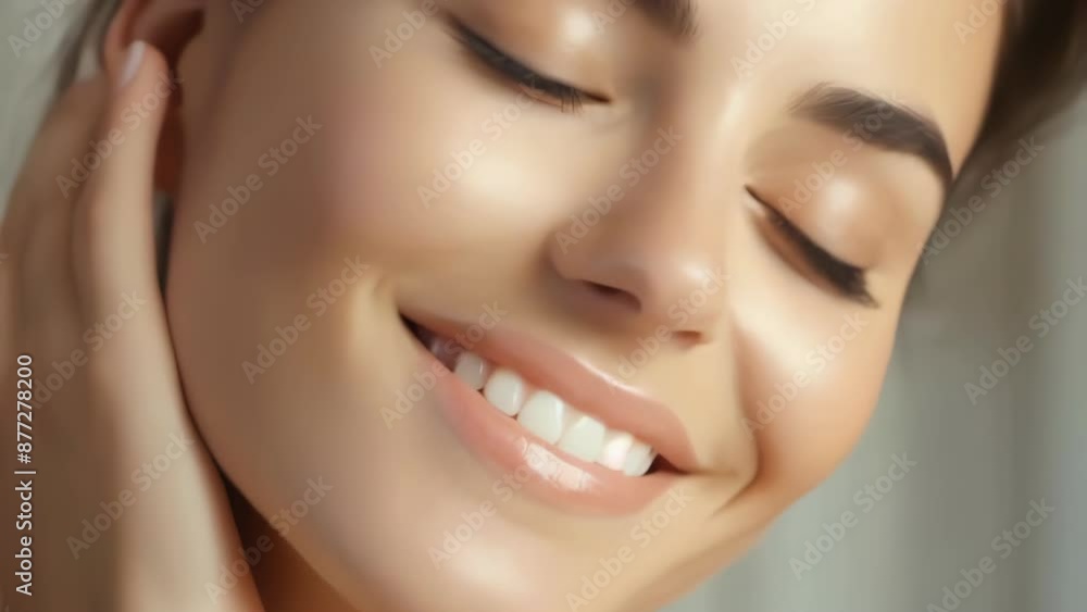 Close-up portrait of a happy woman with her eyes shut, conveying relaxation and contentment Close-up portrait of a happy woman with her eyes shut, conveying relaxation and contentment