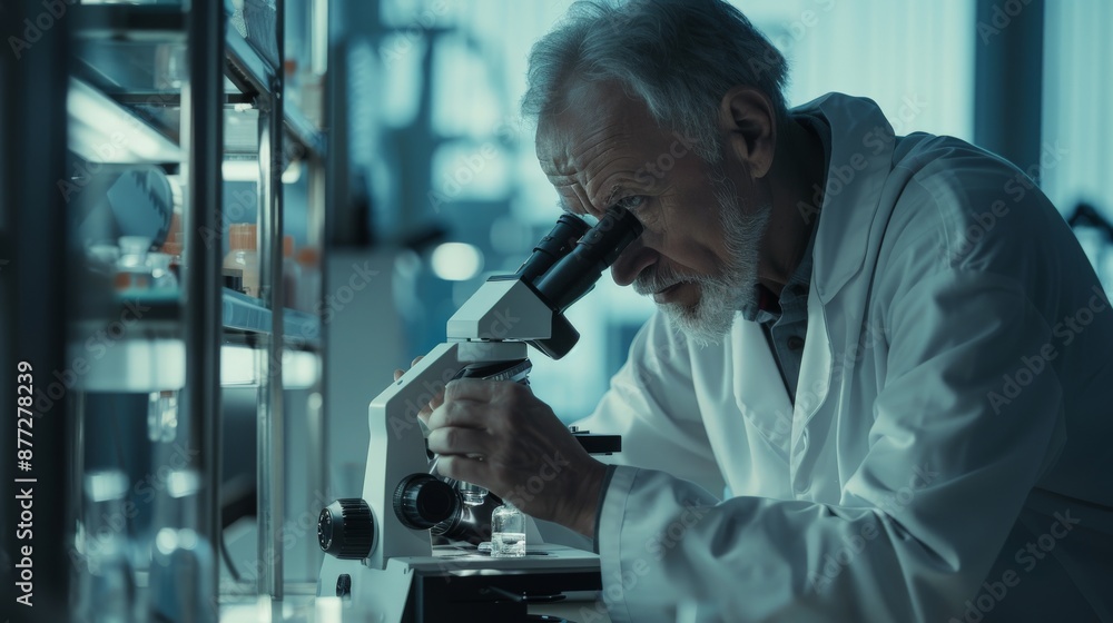 A scientist in a white coat looks through a microscope in a scientific laboratory. A scientist in a white coat looks through a microscope in a scientific laboratory.
