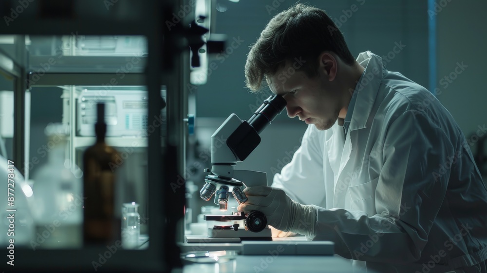A scientist in a white coat looks through a microscope in a scientific laboratory. A scientist in a white coat looks through a microscope in a scientific laboratory.