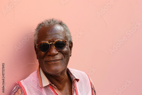 Portrait of a satisfied afro-american man in his 60s dressed in a breathable mesh vest while standing against solid pastel color wall photo