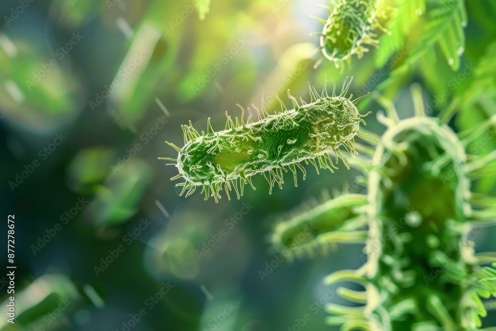 Naklejka premium Rod shaped bacteria are multiplying rapidly in a blurry green environment