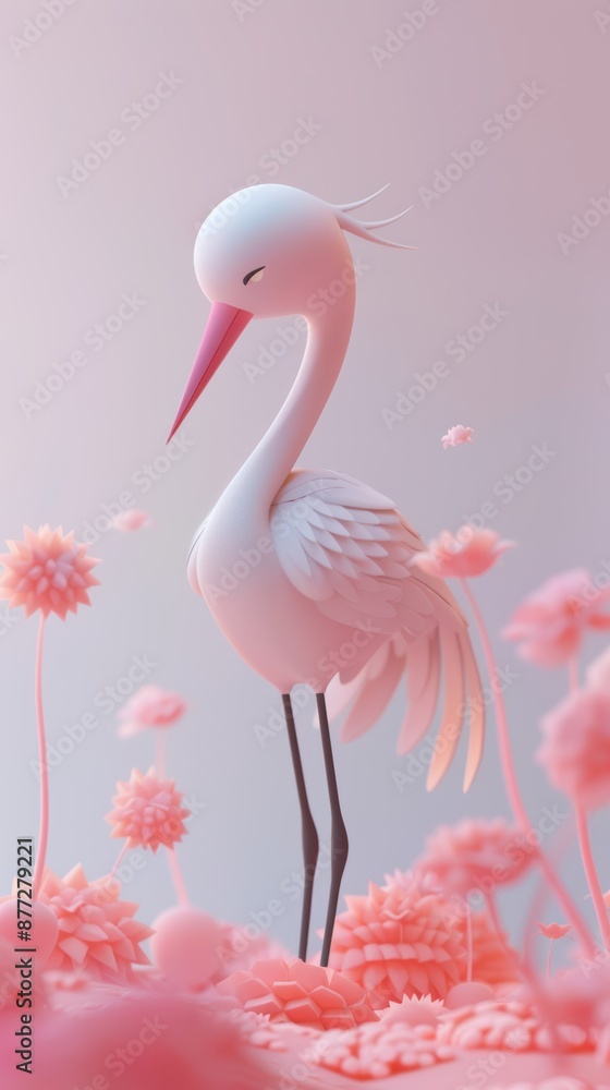 Obraz premium Cute Stork Figurine in Pink Floral Field Adorable stork figurine standing in a field of pink flowers, creating a charming and whimsical scene with a soft aesthetic