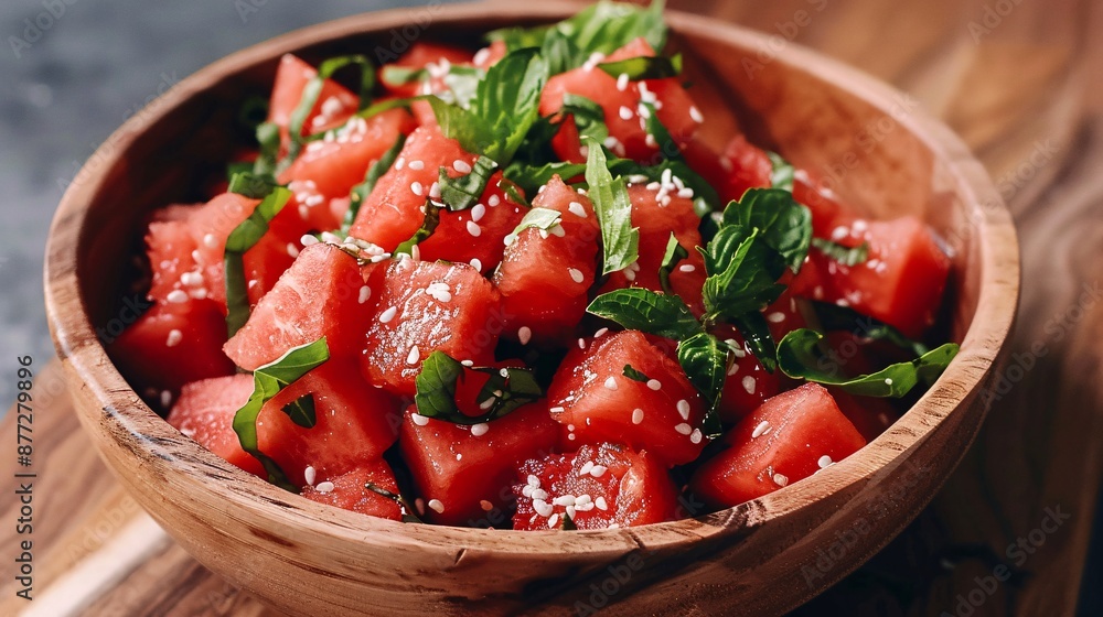 Watermelon Salad with Fresh Basil and Sesame Seeds in Wooden Bowl Watermelon Salad with Fresh Basil and Sesame Seeds in Wooden Bowl