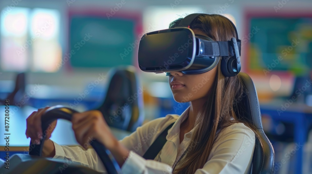 girl in virtual reality glasses learns to drive a car on a simulator girl in virtual reality glasses learns to drive a car on a simulator