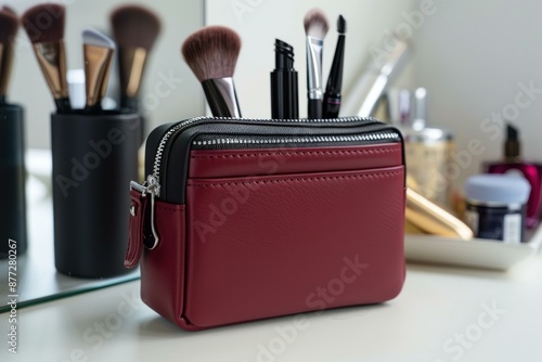 Makeup brushes peeking out of a stylish red leather cosmetic bag, adding a touch of elegance to a vanity table