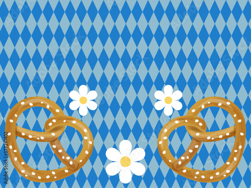 Oktoberfest greeting card. Brown baked oktoberfest pretzel and white daisy flowers on a blue background with diamonds. Invitation beer festival. Vector cartoon illustration. Banner with place text.