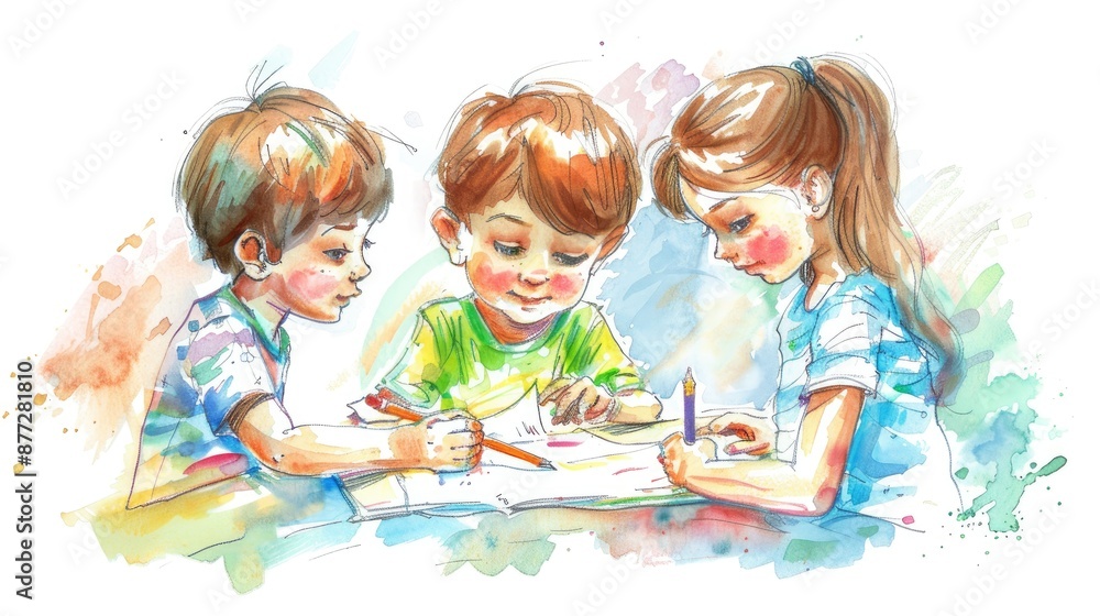 Fototapeta premium Children showing their artwork in an elementary school