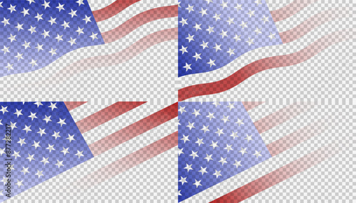 USA flag inclined set, United States of America transparent waving flag