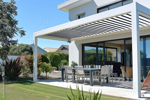 Project for the construction of a veranda or bioclimatic pergola for a modern white residential house