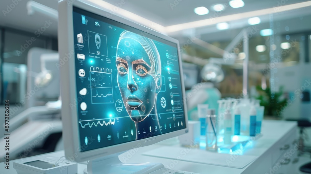 A digital display showing detailed skin analysis results, luxury beauty clinic, modern and sophisticated, cool blue and white theme, highlighting cutting-edge technology. A digital display showing detailed skin analysis results, luxury beauty clinic, modern and sophisticated, cool blue and white theme, highlighting cutting-edge technology.