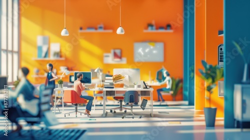 Tiny workers in a vibrant  collaborative office  with a copy space on the wall or floor