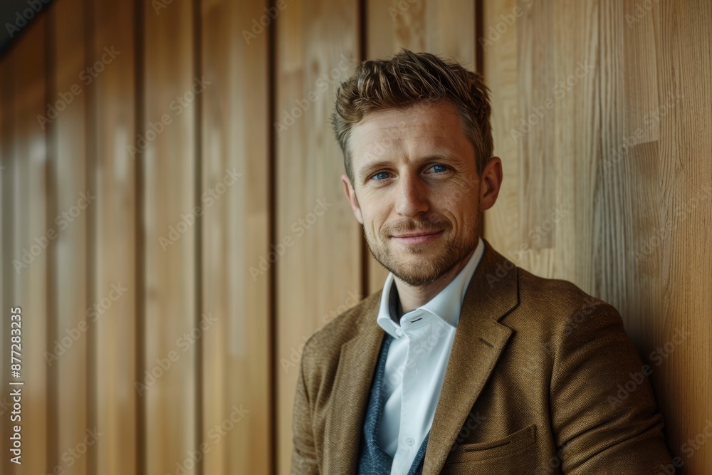 Portrait of a glad caucasian man in his 30s dressed in a stylish blazer isolated in scandinavian-style interior background Portrait of a glad caucasian man in his 30s dressed in a stylish blazer isolated in scandinavian-style interior background