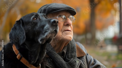 An old man in glasses and a cap and his black dog look in the same direction