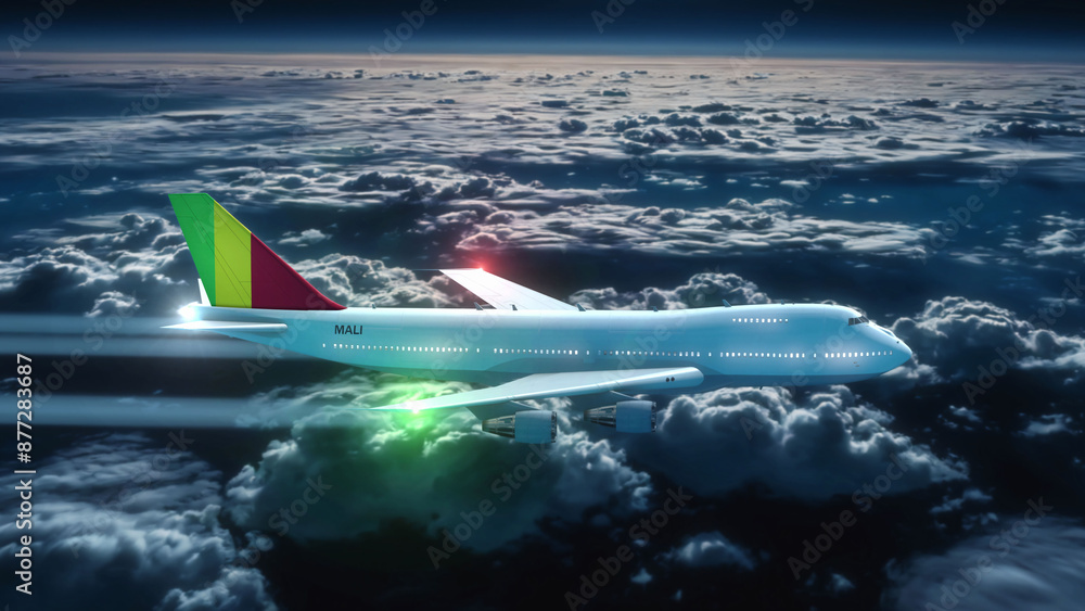 Fototapeta premium Commercial Airliner Passanger Plane Jumbo Jet Flying at Night over Clouds with Country Flag Mali